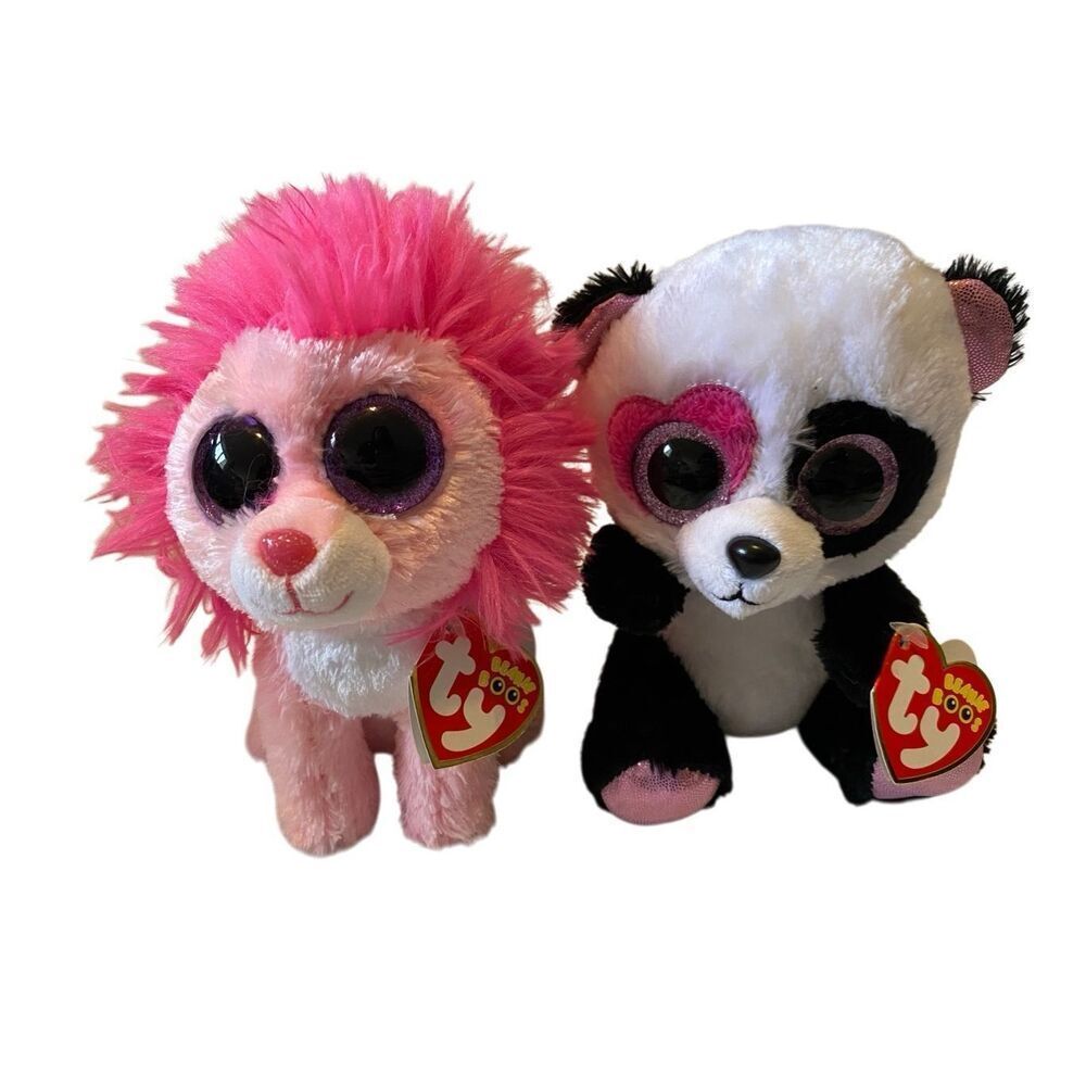 Lot of 2 Ty Beanie Boos Fluffy Mandy 2014 Lion Panda Plush Stuffed Animals